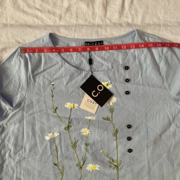 C.O.Z.Y Womens Light Blue Long Sleeve Top With Daisy Print & Button Details - Si - Picture 7 of 10